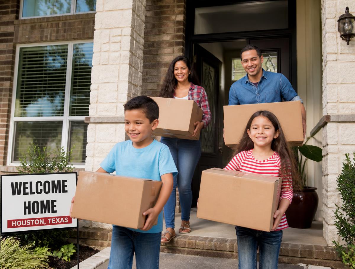 Family carrying moving boxes into a new home after a local move in Kyle, TX