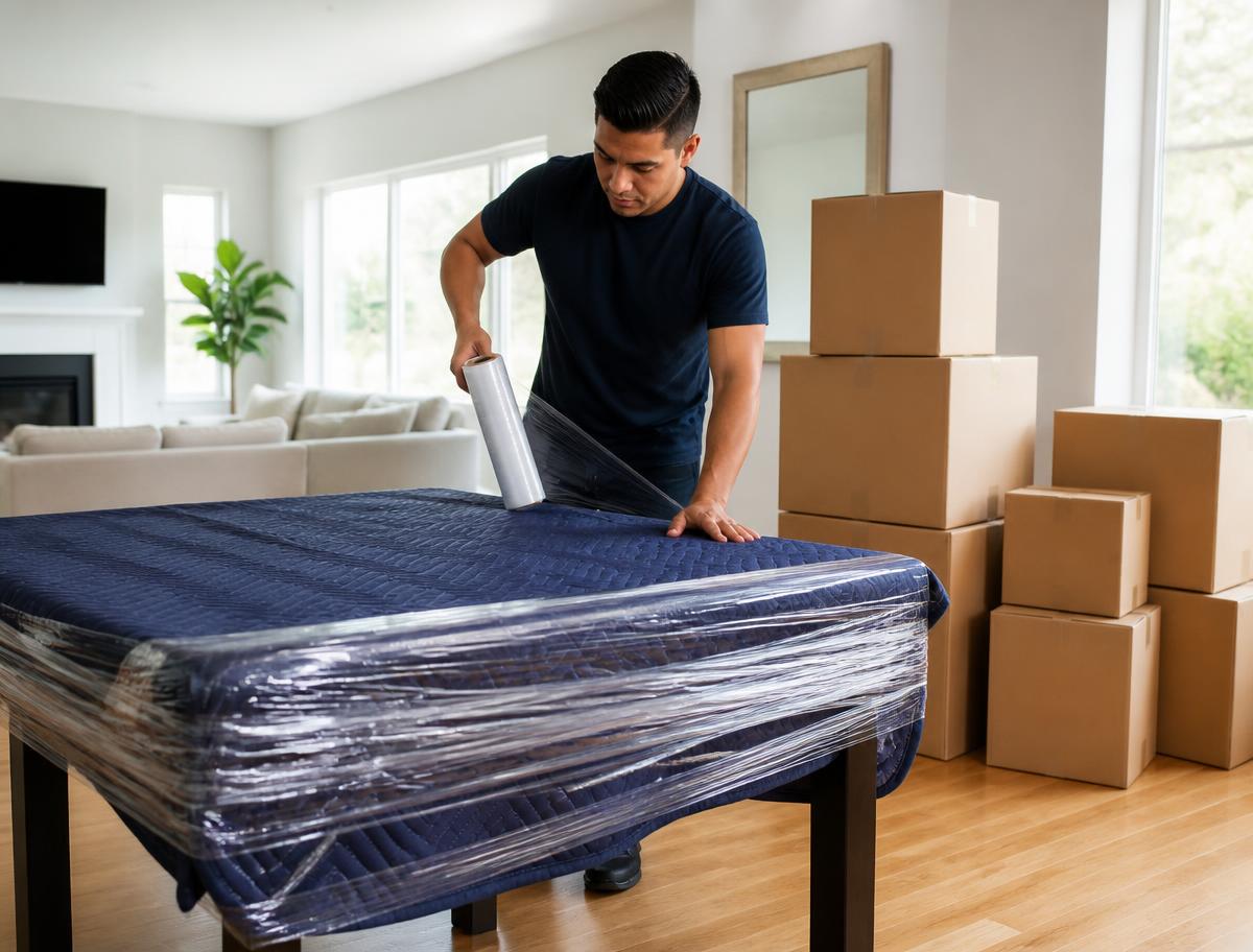 Kyle TX mover wrapping a dining table in moving blankets before a local move